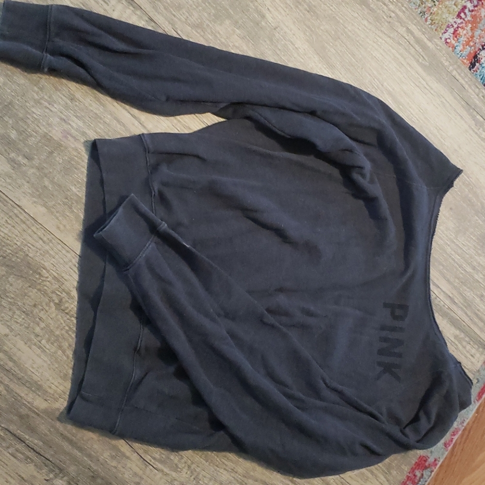 grey "Pink" off the shoulder sweater